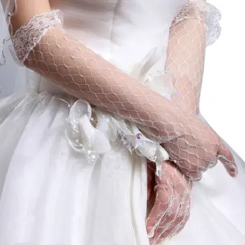 Дамски Бели Еластични Сватбени Дълги Ръкавици За Младоженци Дължина До Лакътя С Ромбической Мрежа И Цветя, Завързана Тапицерия, Прозрачни Вечер 0