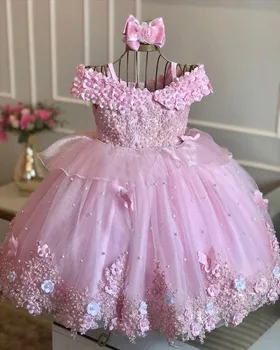 Сладки Розови Рокли За Малки Момичета Свързани С Перли и 3D Пеперуди, Елегантни Рокли За Деца, дрехи За Малките Момичета За Рожден Ден, Първото Причастие