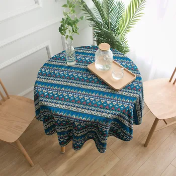 Кръгла Покривка от Памук и Лен впечатлява със своя Бохемски стил, Синя Покривка за Масата за Хранене с Геометричен Принтом за Домашно Градински Чай 0