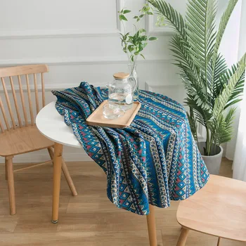 Кръгла Покривка от Памук и Лен впечатлява със своя Бохемски стил, Синя Покривка за Масата за Хранене с Геометричен Принтом за Домашно Градински Чай 2