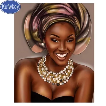 Африканска черна жена Диамантена Живопис, Картина От планински кристал с диаманти художествени картини Пълен квадратен щастлив портрет на Момиче декор