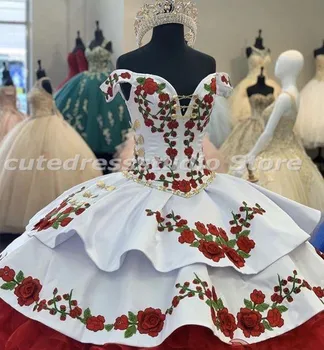 Поръчкови Рокли Charro vestidos de xv años Quinceanera с 3D Бродерия на Цветя, открити рамене и Накъдрен, Сладка рокля 15 0