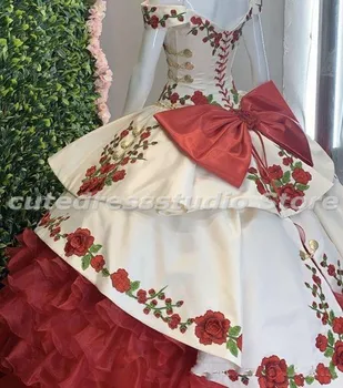 Поръчкови Рокли Charro vestidos de xv años Quinceanera с 3D Бродерия на Цветя, открити рамене и Накъдрен, Сладка рокля 15 1