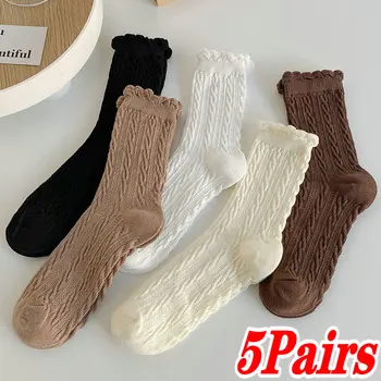 5 Чифта Пролетно-лятната Диша Чорапи със средна Дължина, дамски Памучни Чорапи, японски Обикновена Дантелени чорапи с пузырчатым Дрямка