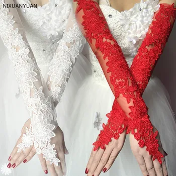 Търговия на едро Дълги Бели Дантелени Ръкавици с цвят на Слонова Кост Червен Цвят за Сватбена Цвете с Женски Свадебными Ръкавици Gants Mariage