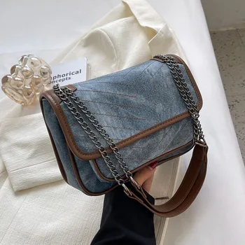 Чанта на Лявото Рамо за Жените, Обикновен Чанта през Рамо, Trend Модерен Дизайн 2022, Дънкови Малки Чанти с Веригата и Портфейла