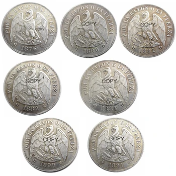 1875 г. - 1891 7 години на Допълнително Чили 1PESO със сребърно покритие Копирни монети