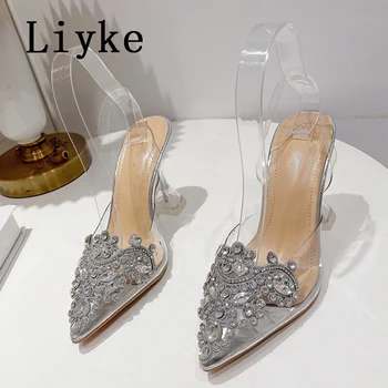 Liyke нови PVC прозрачен кристал кристал високи токчета женски помпи Секси остър нос сватбени и абитуриентски сандали Пролет свалете си обувките 0