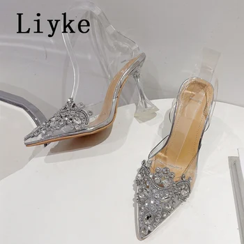Liyke нови PVC прозрачен кристал кристал високи токчета женски помпи Секси остър нос сватбени и абитуриентски сандали Пролет свалете си обувките 2