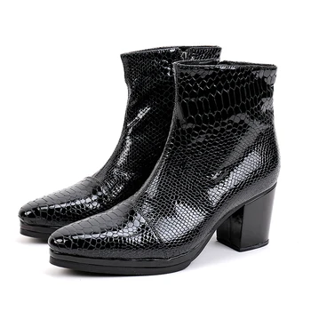 Christia Bella/Модни мъжки обувки на висок ток, с петна от змийска кожа, Черни Мъжки Вечерни обувки От естествена Кожа, Големи Размери, Мъжки Ботильоны
