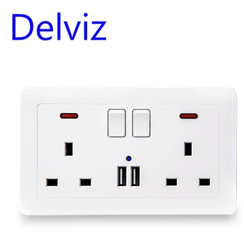 Стенни изход Delviz + USB-дупка, гнездо стандарт Великобритания 13A, порт за зарядно устройство 5V2.1A с два USB-порта, led индикатор, 146 мм * 86 мм, контрол на включване-изключване