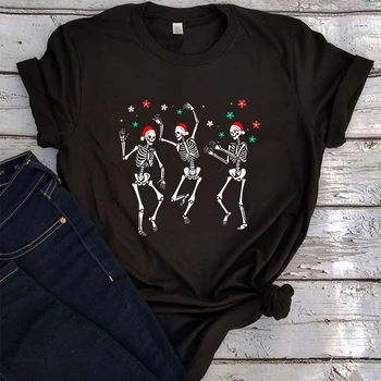 Скелет На Танцуващата Коледна Тениска Скелет Коледна Риза Зловеща Коледна Тениска Дядо Коледа Череп Върховете Harajuku Дамски Дрехи, L