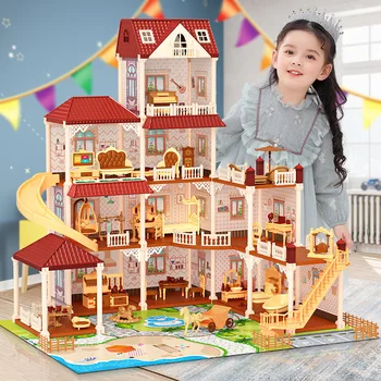 Принцеса Голяма Вила Diy Пластмасов Куклена Къща Детска Стая Мебели Комплект Със Светлината Събрани Куклена Къща Играчки За Момичета Детски Подаръци 0