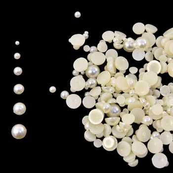 Бели кръгли мъниста в цвят слонова кост, с половини перли (2 mm ~ 7 мм), 1 пакет 100-1200 бр, свободни пластмасови мъниста, с фиксирана облегалка, перлена декорация за нокти