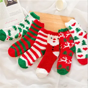 Коледни Дамски Чорапи От Коралов Руно, Сладки Чорапи на Пода, Зимни Топли Пухкави Чорапи на Пода, Коледни Подаръци