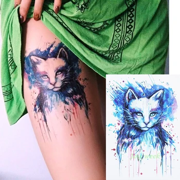 Водоустойчив Временна Татуировка Стикер Синя Котка Животно Творчески Модел Голям е Размерът на Флаш Татуировка Фалшива Татуировка за Мъже Жени 21*15 см 0