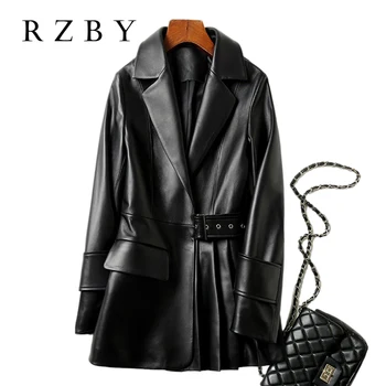 100% Real Shepskin кожено яке дамски Women Genuine Leather Jacket With Belt Fashion Jaqueta De Couro Feminina RZBY648