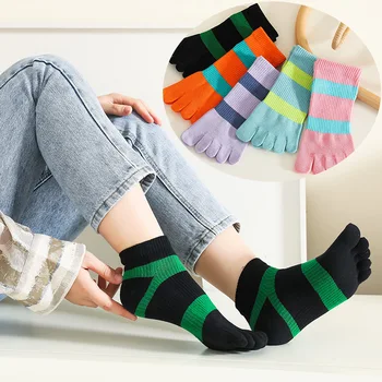 5 Двойки Модни Чорапи за Жените, за жените, за Момичета, Чесаные Памучни Чорапи в Ивица с Пет Пръста, Ярки, Антифрикционные, Къси Чорапи с Чорапи